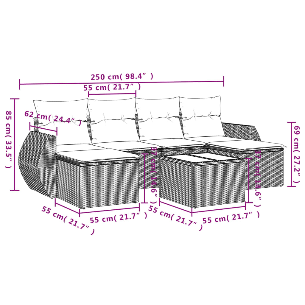 Set Divani da Giardino 7 pz con Cuscini Beige in Polyrattan