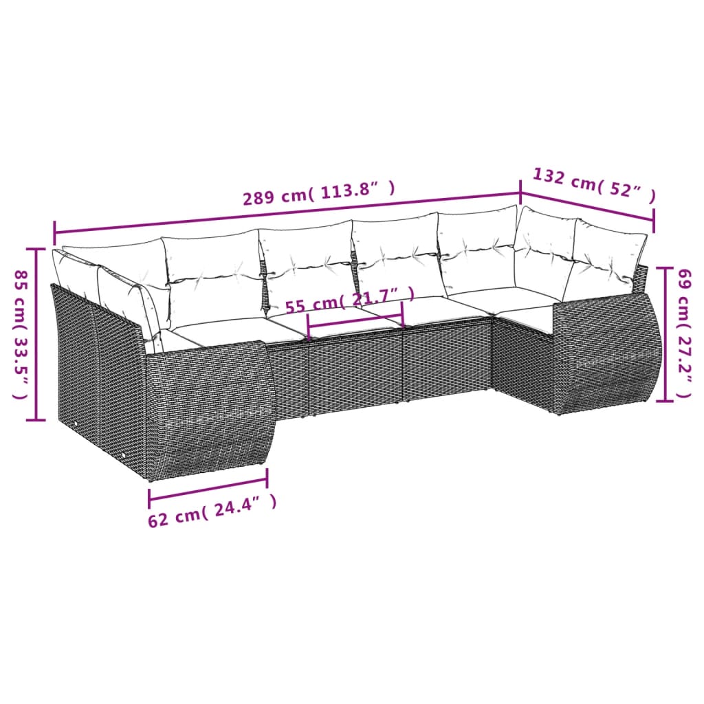 Set Divani da Giardino 7 pz con Cuscini Marrone in Polyrattan