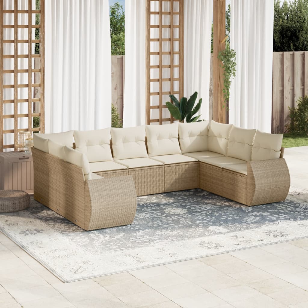 Set Divano da Giardino 9 pz con Cuscini Beige in Polyrattan