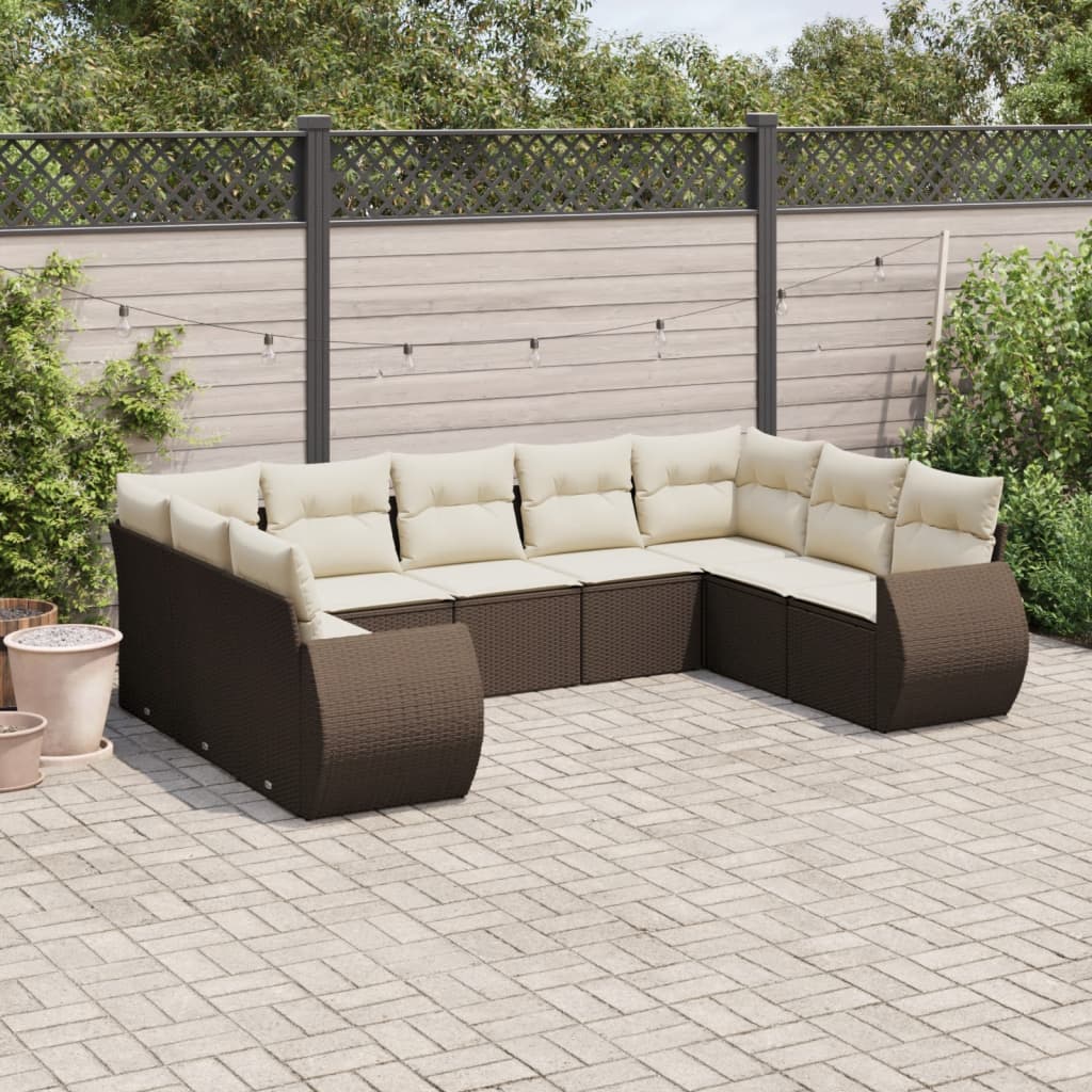 Set Divani da Giardino 9pz con Cuscini Marrone in Polyrattan