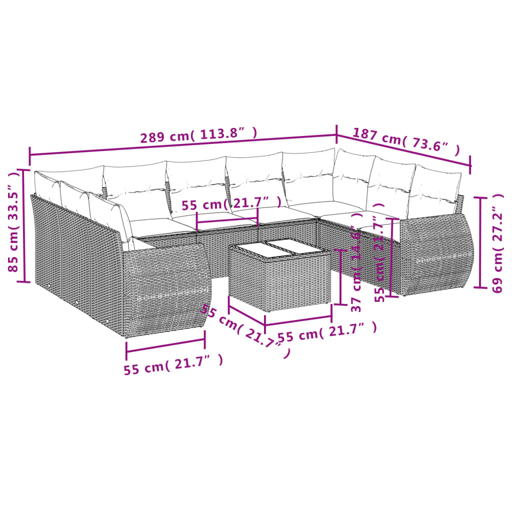 Set Divani da Giardino 10pz con Cuscini in Polyrattan Marrone