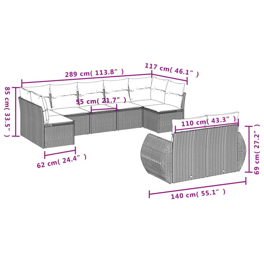 Set Divano da Giardino 9 pz con Cuscini Beige in Polyrattan