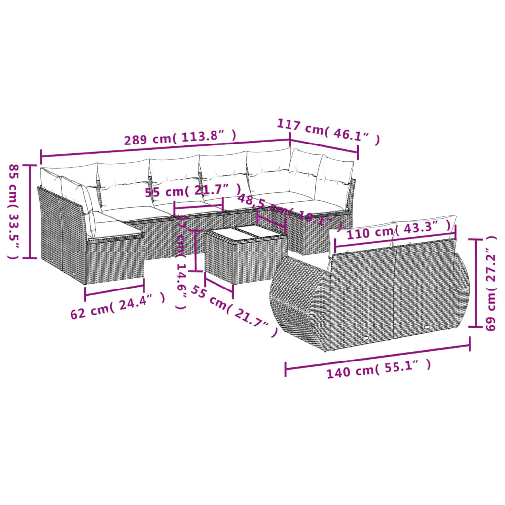 Set Divano da Giardino 10 pz con Cuscini Beige in Polyrattan