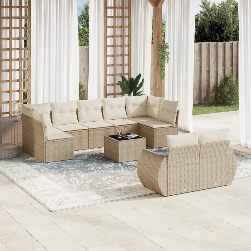 Set Divano da Giardino 10 pz con Cuscini Beige in Polyrattan