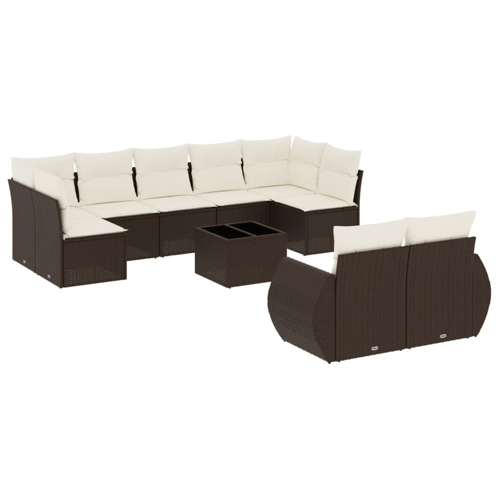 Set Divani da Giardino 10pz con Cuscini in Polyrattan Marrone