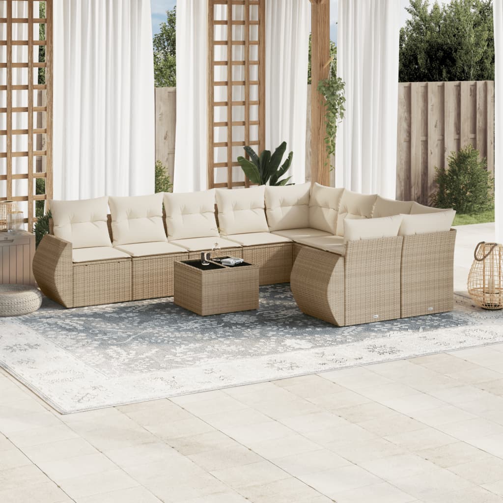 Set Divano da Giardino 10 pz con Cuscini Beige in Polyrattan