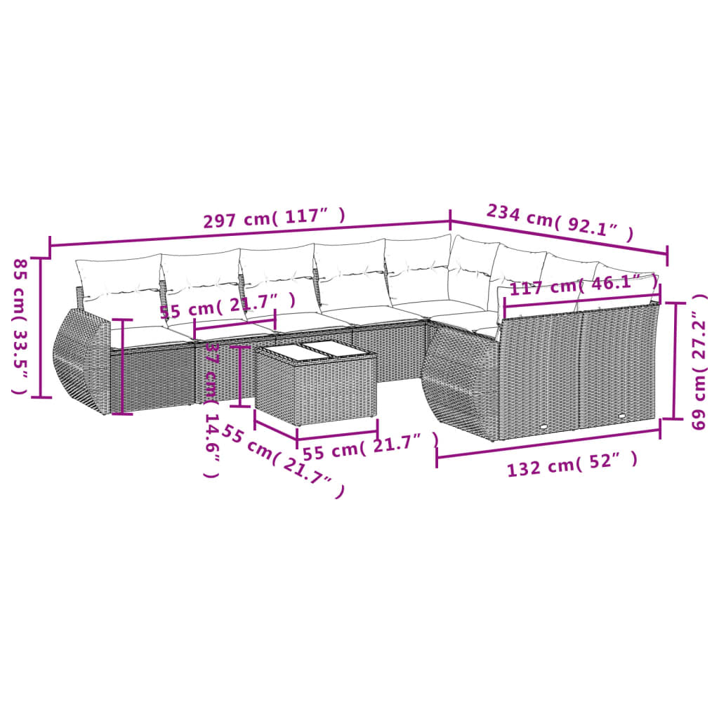 Set Divani da Giardino 10pz con Cuscini in Polyrattan Marrone