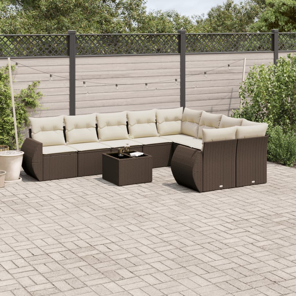 Set Divani da Giardino 10pz con Cuscini in Polyrattan Marrone