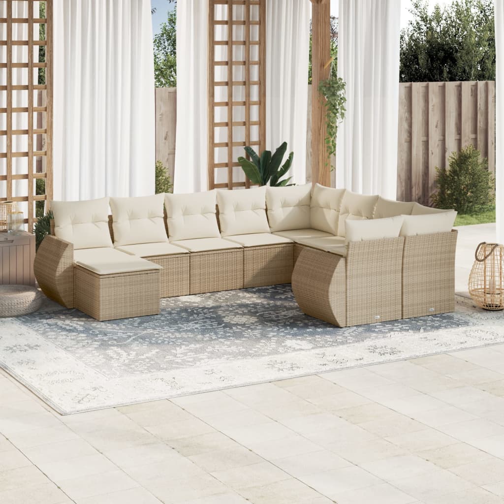 Set Divano da Giardino 10 pz con Cuscini Beige in Polyrattan