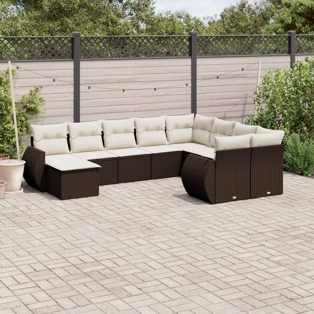 Set Divani da Giardino 10pz con Cuscini in Polyrattan Marrone