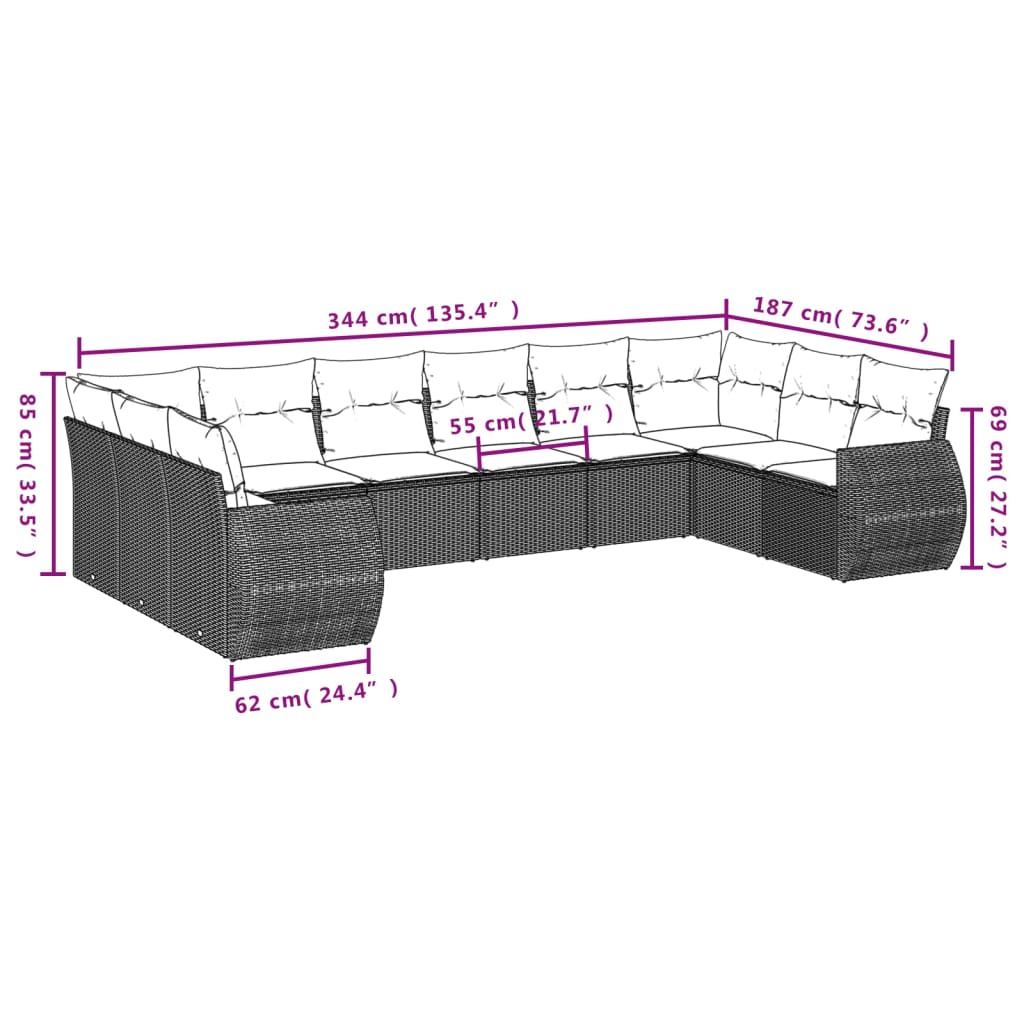 Set Divani da Giardino 11 pz con Cuscini Polyrattan Marrone