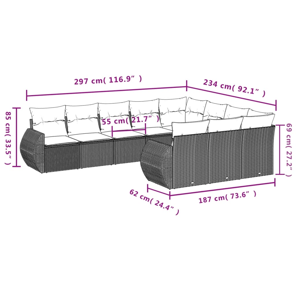 Set Divani da Giardino 10pz con Cuscini in Polyrattan Marrone