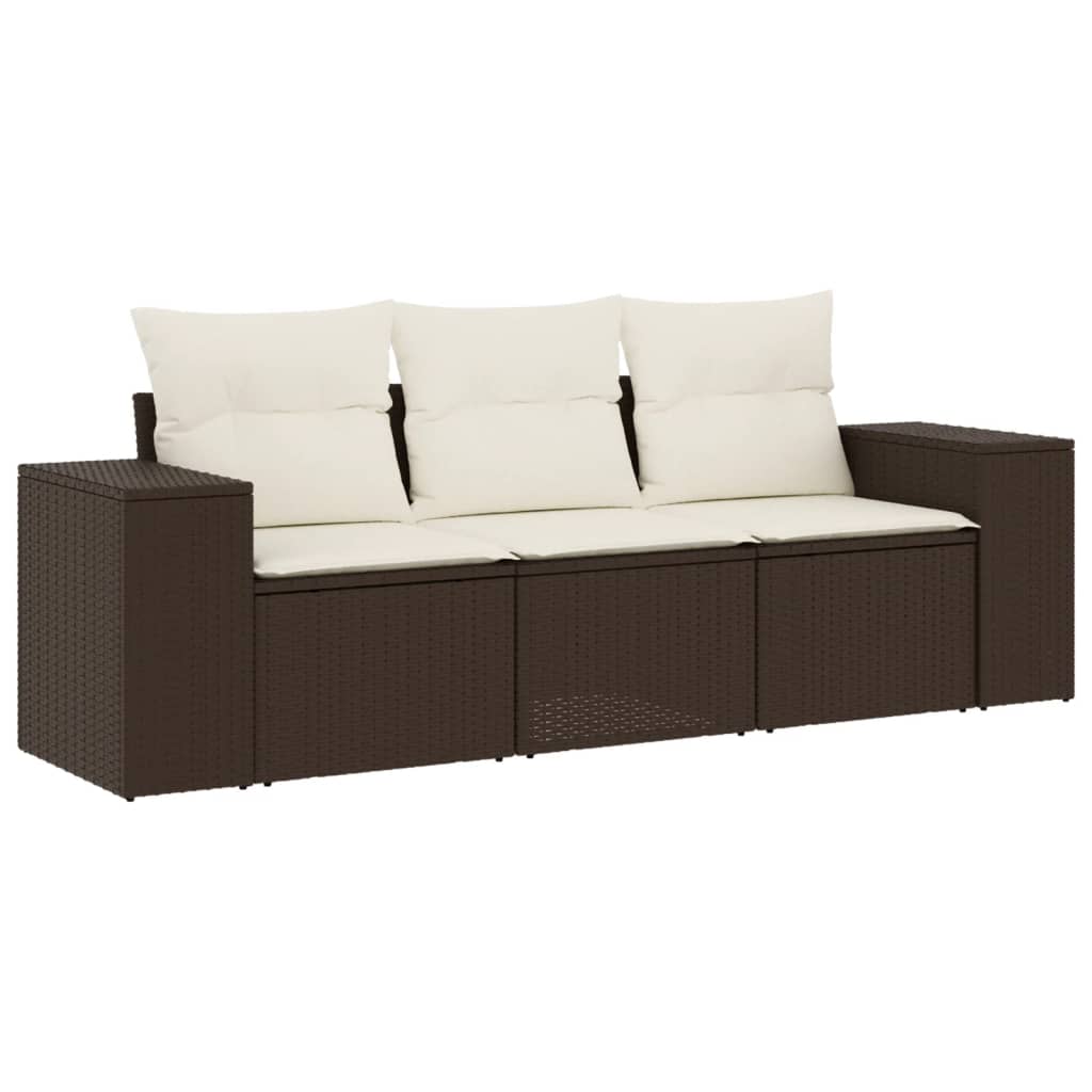 Set Divano da Giardino 3 pz con Cuscini Marrone in Polyrattan