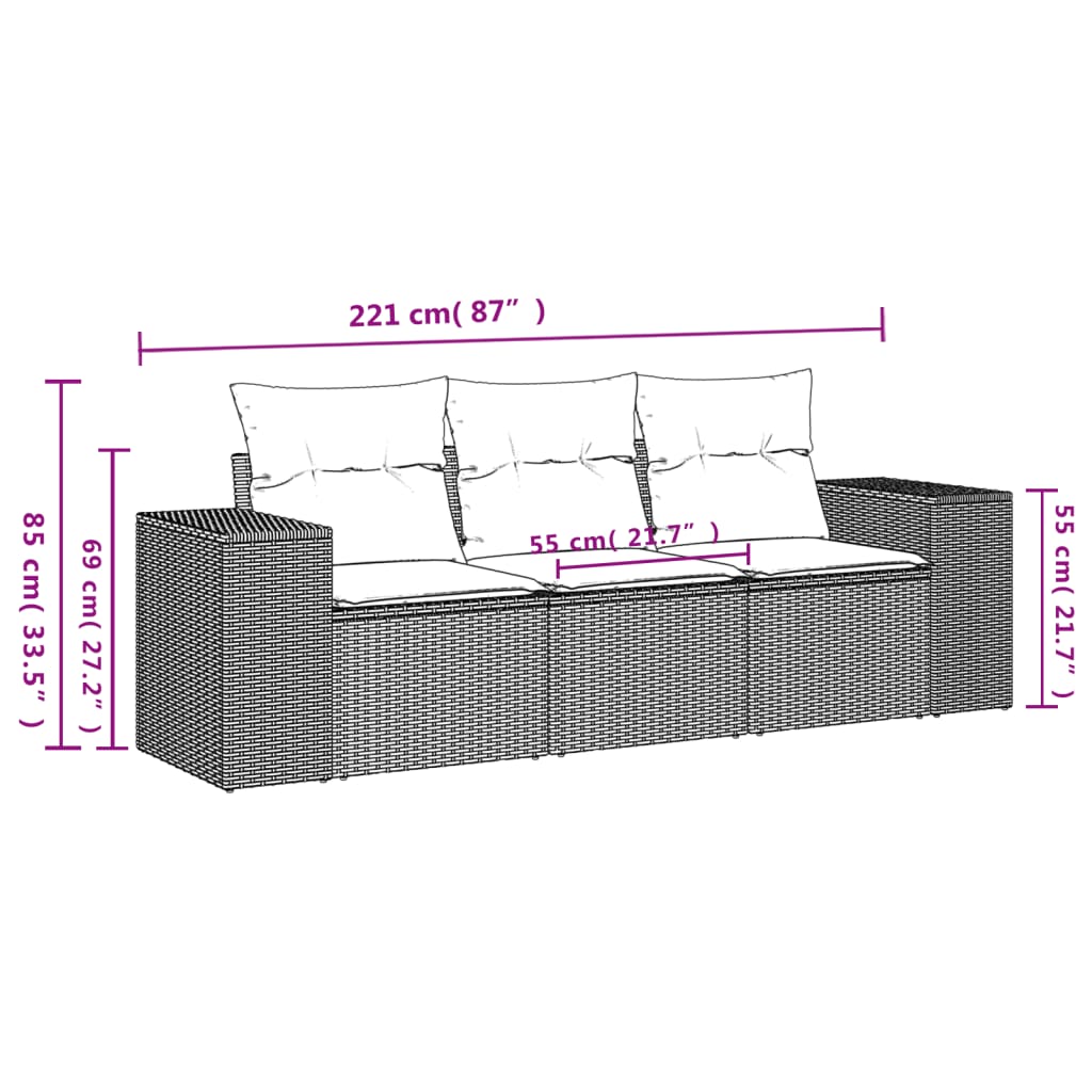 Set Divano da Giardino 3 pz con Cuscini Marrone in Polyrattan