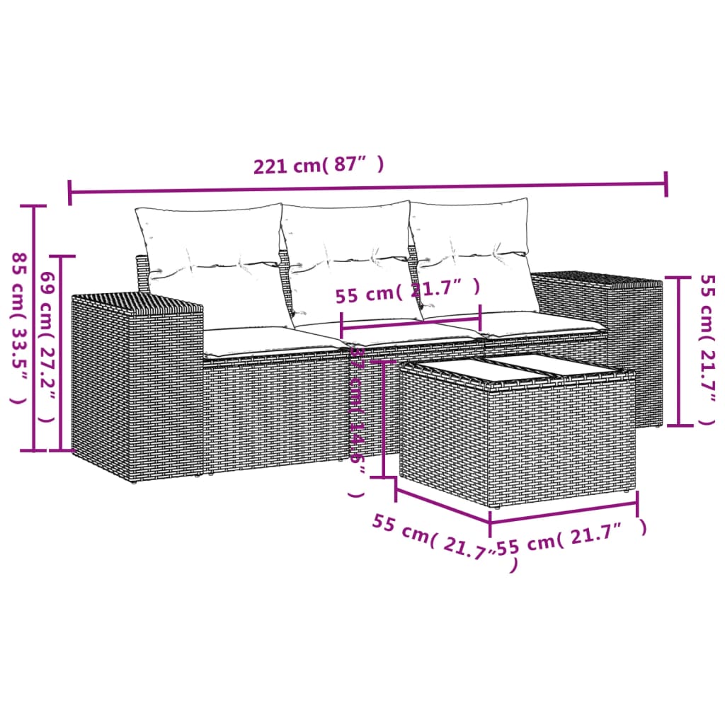 Set Divano da Giardino 4 pz con Cuscini Marrone in Polyrattan