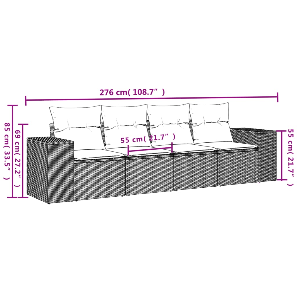 Set Divano da Giardino 4 pz con Cuscini Marrone in Polyrattan