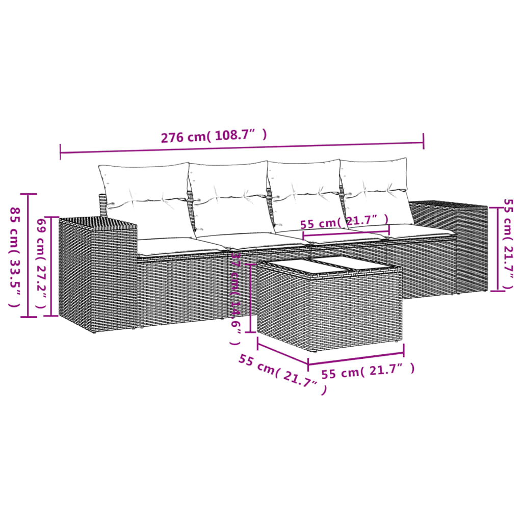 Set Divano da Giardino 5 pz con Cuscini Marrone in Polyrattan