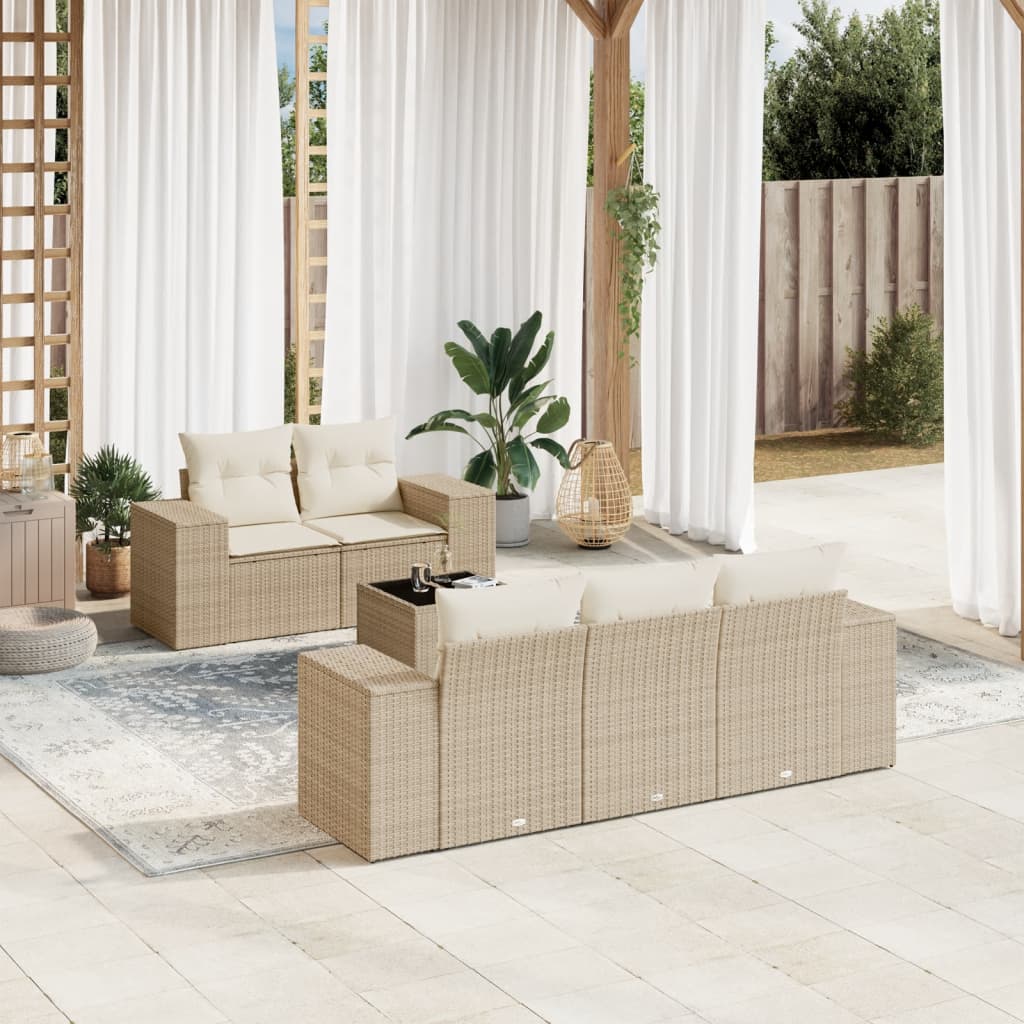 Set Divano da Giardino 6 pz con Cuscini Beige in Polyrattan