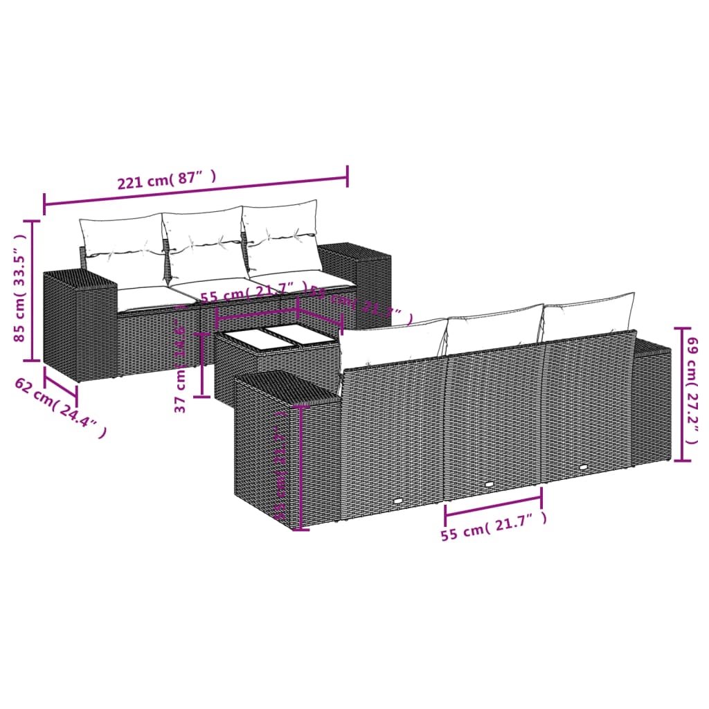 Set Divani da Giardino 7 pz con Cuscini Beige in Polyrattan