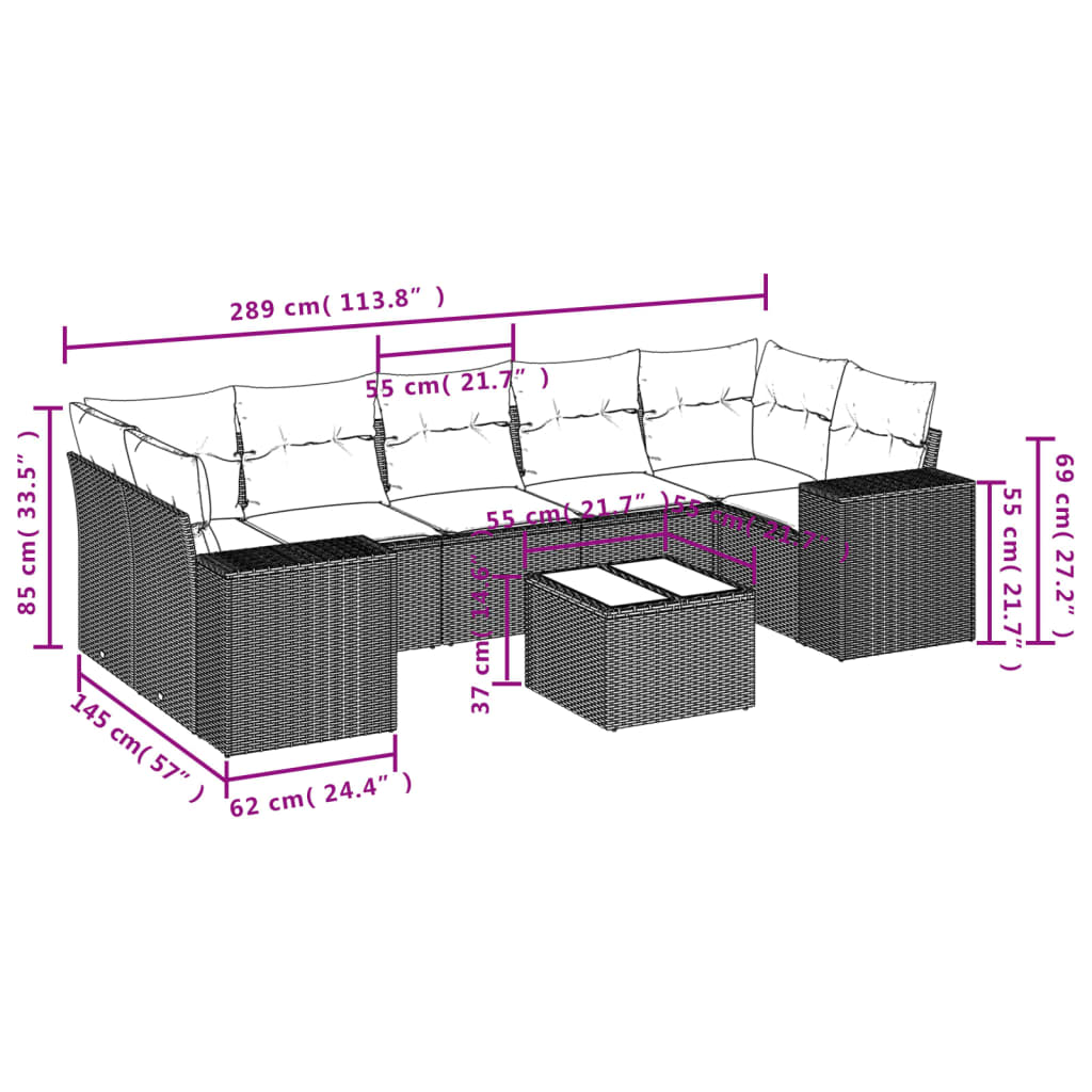 Set Divani da Giardino 8 pz con Cuscini Marrone in Polyrattan