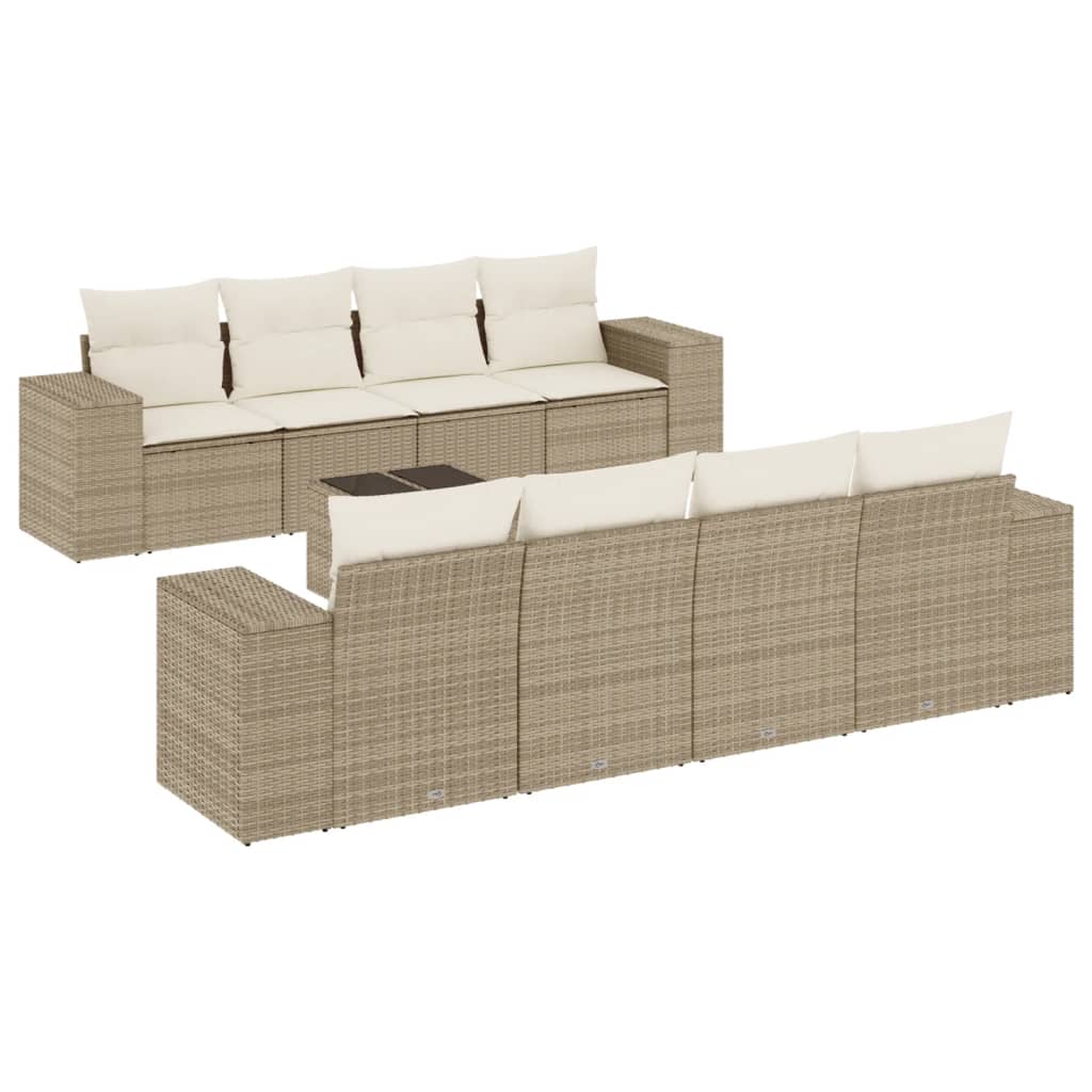 Set Divano da Giardino 9 pz con Cuscini Beige in Polyrattan