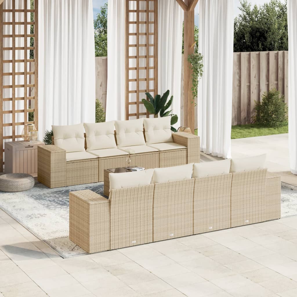 Set Divano da Giardino 9 pz con Cuscini Beige in Polyrattan