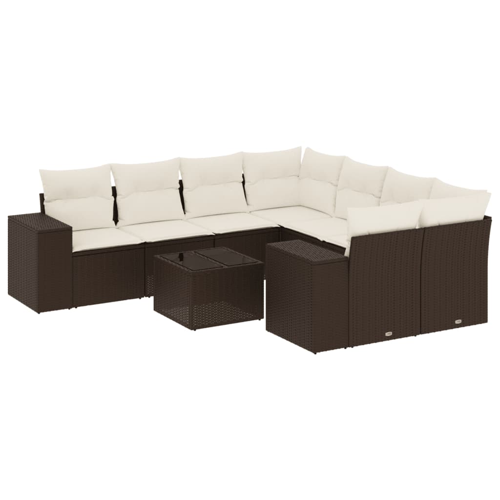 Set Divani da Giardino 9pz con Cuscini Marrone in Polyrattan