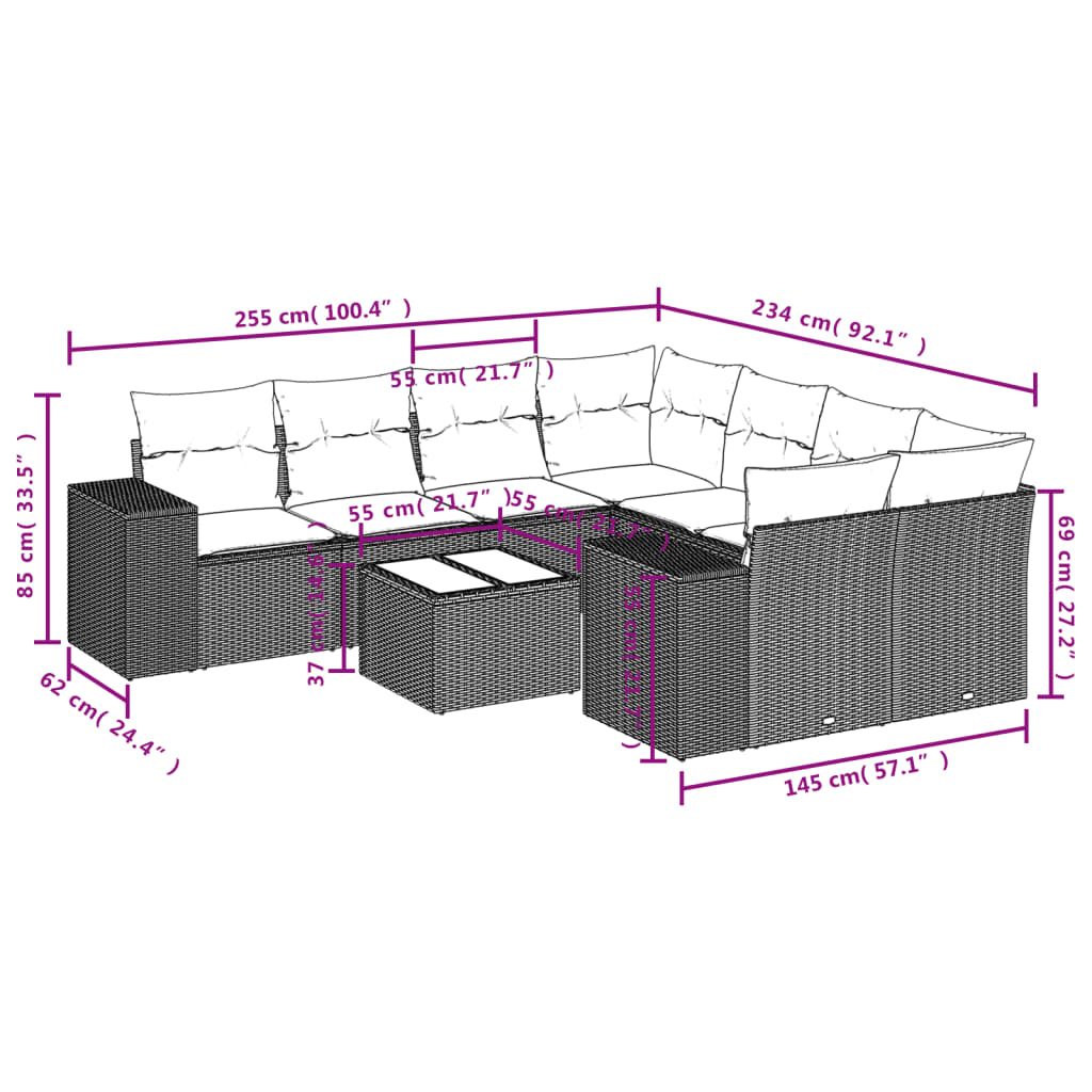 Set Divani da Giardino 9pz con Cuscini Marrone in Polyrattan