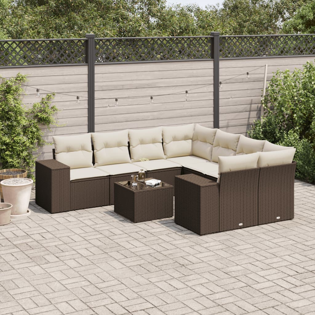 Set Divani da Giardino 9pz con Cuscini Marrone in Polyrattan