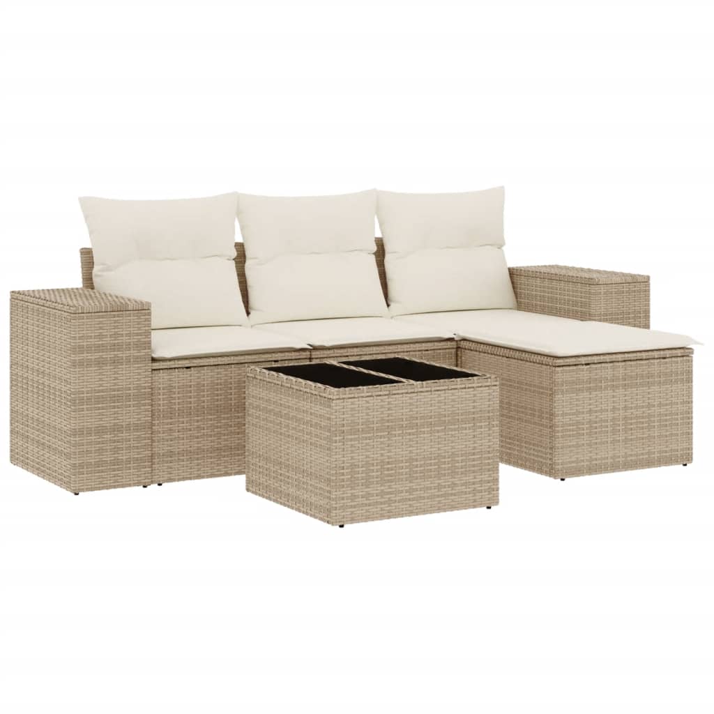 Set Divano da Giardino 5 pz con Cuscini Beige in Polyrattan