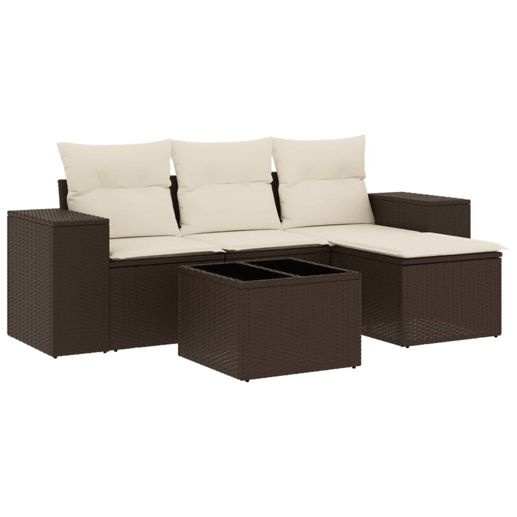 Set Divano da Giardino 5 pz con Cuscini Marrone in Polyrattan