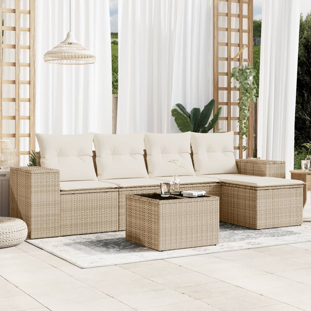 Set Divano da Giardino 6 pz con Cuscini Beige in Polyrattan