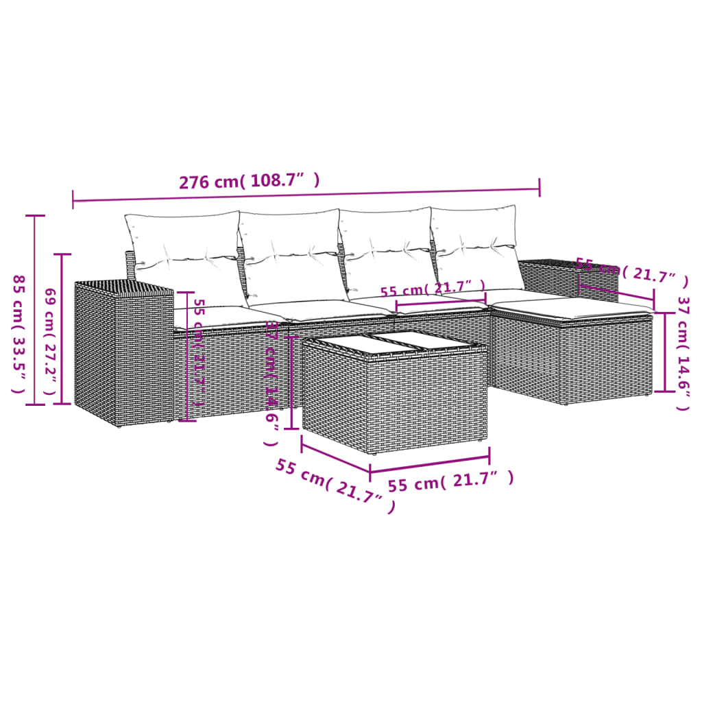 Set Divano da Giardino 6 pz con Cuscini Marrone in Polyrattan