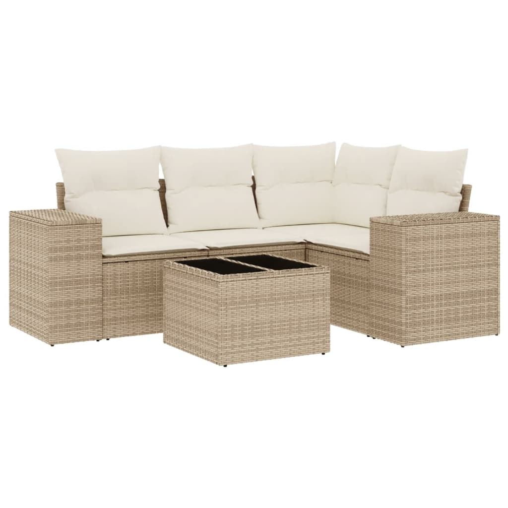 Set Divano da Giardino 5 pz con Cuscini Beige in Polyrattan