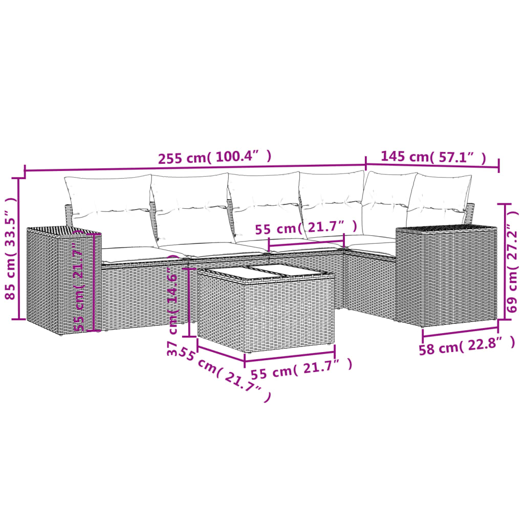 Set Divano da Giardino 6 pz con Cuscini Marrone in Polyrattan