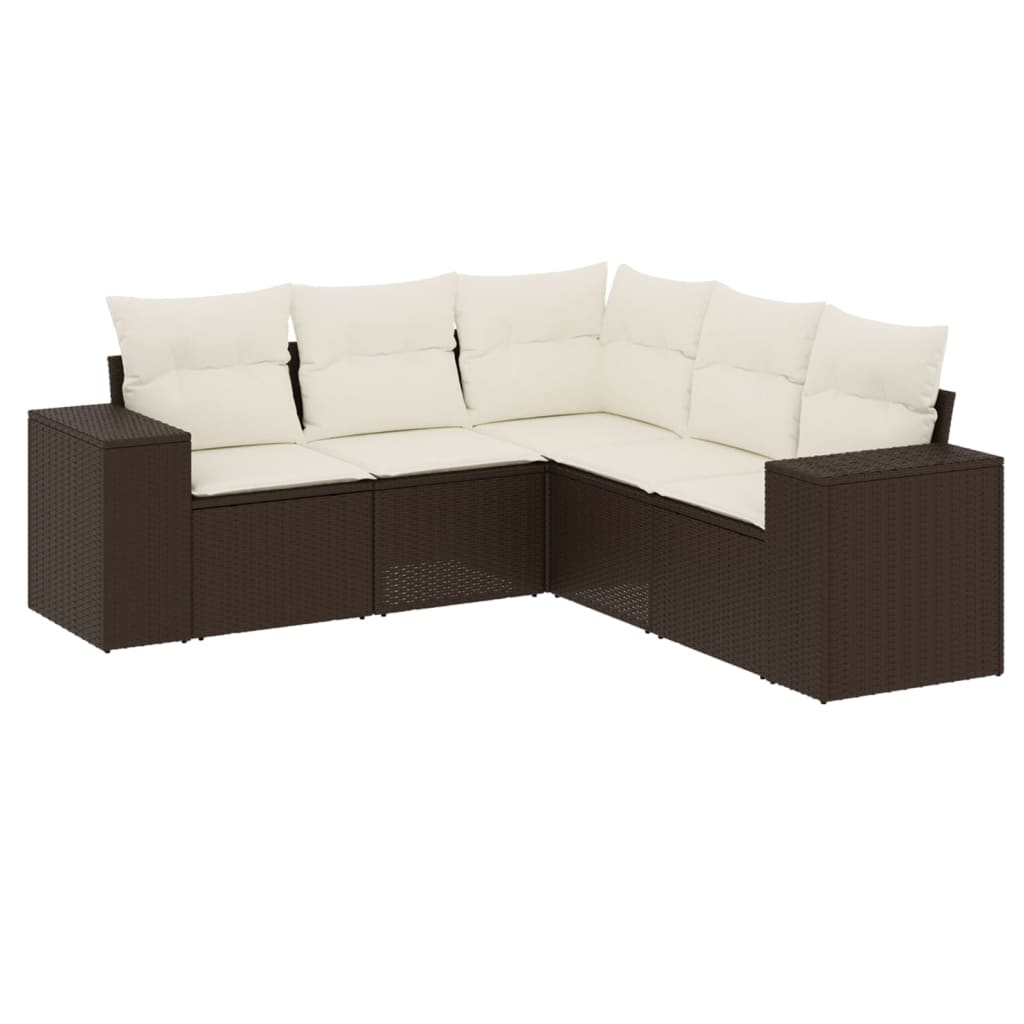 Set Divano da Giardino 5 pz con Cuscini Marrone in Polyrattan