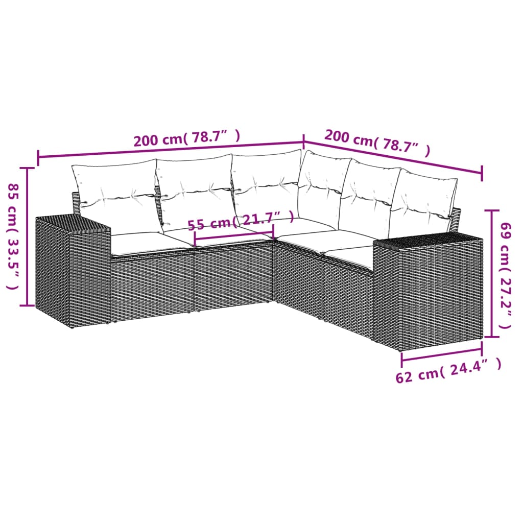 Set Divano da Giardino 5 pz con Cuscini Marrone in Polyrattan