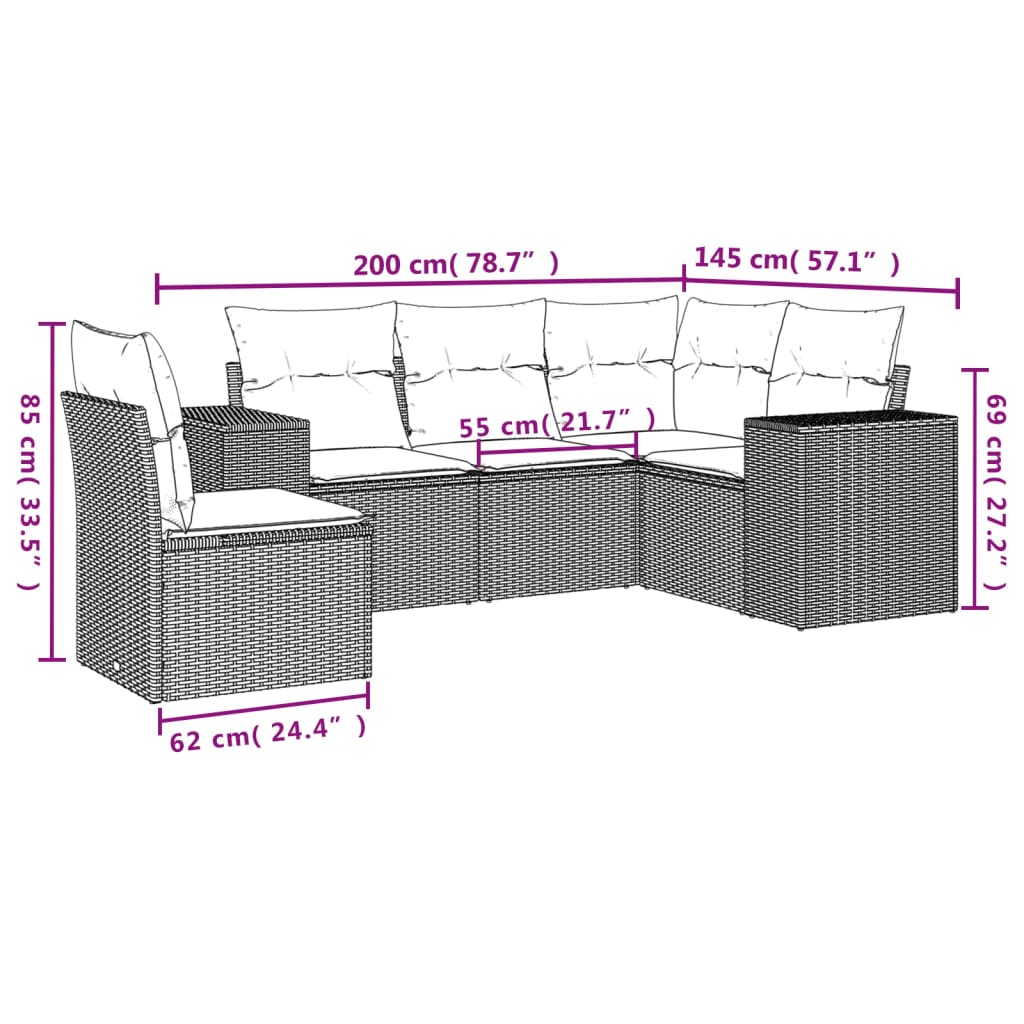 Set Divano da Giardino 5 pz con Cuscini Marrone in Polyrattan