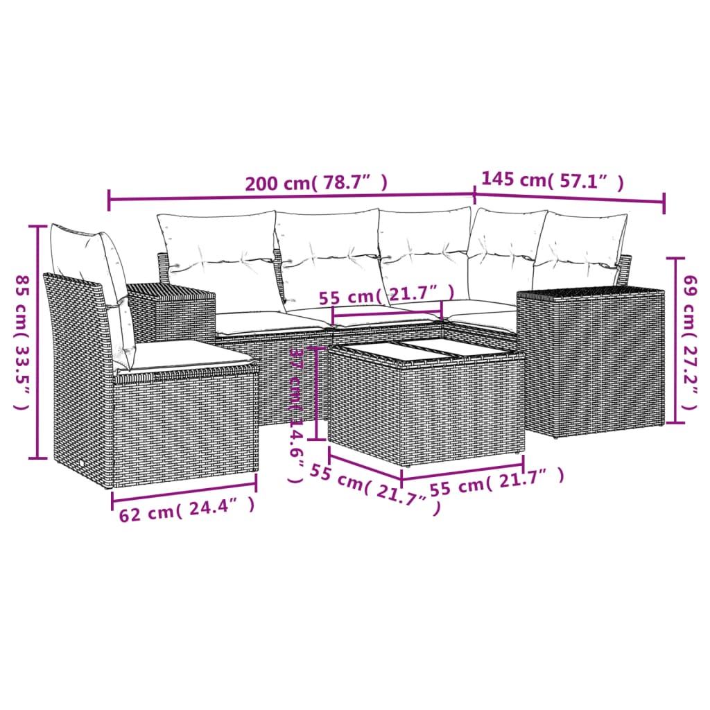 Set Divano da Giardino 6 pz con Cuscini Marrone in Polyrattan