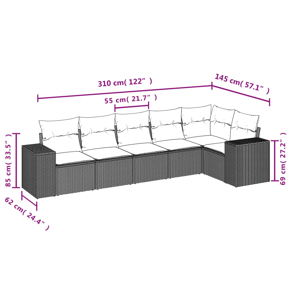 Set Divano da Giardino 6 pz con Cuscini Marrone in Polyrattan