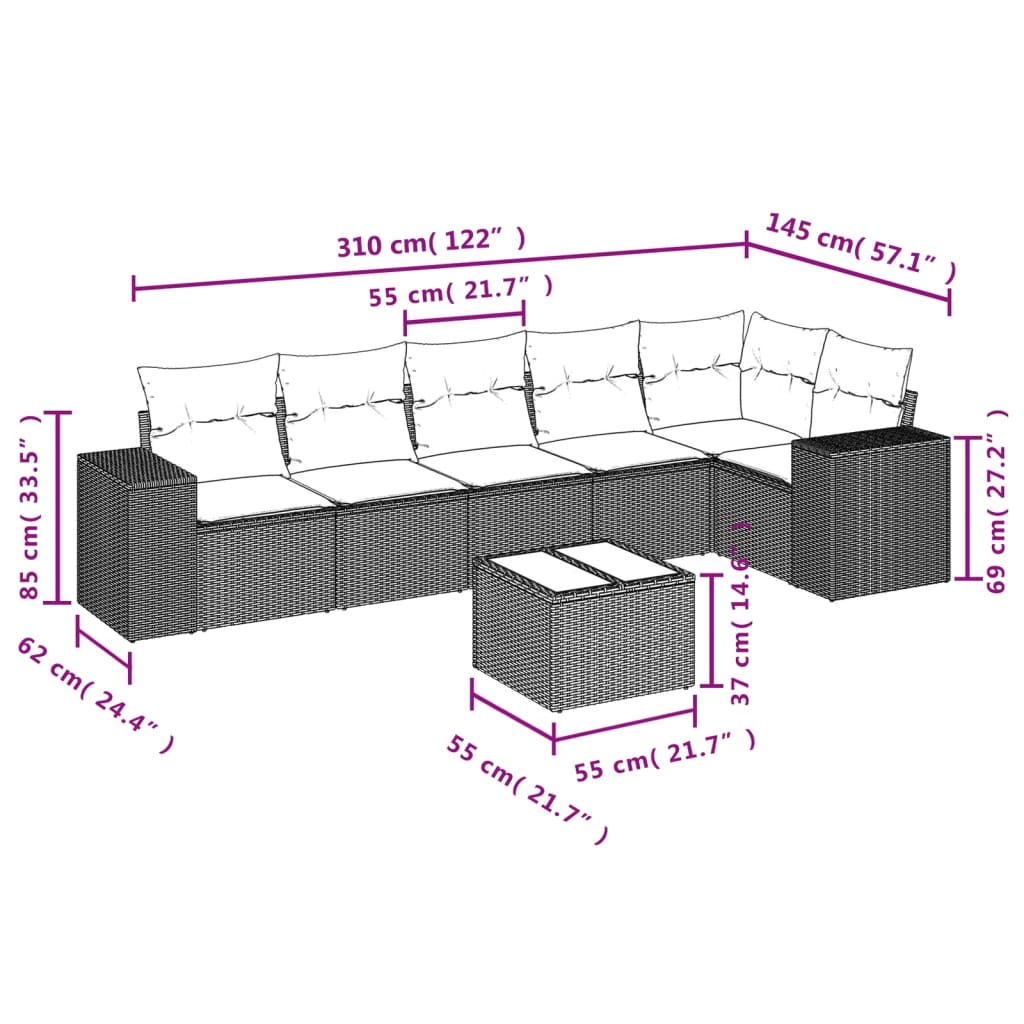 Set Divani da Giardino 7 pz con Cuscini Marrone in Polyrattan