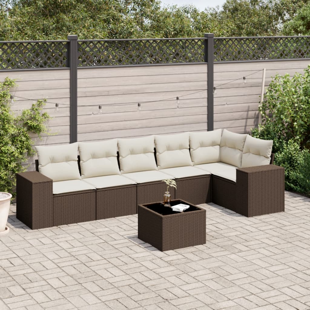 Set Divani da Giardino 7 pz con Cuscini Marrone in Polyrattan