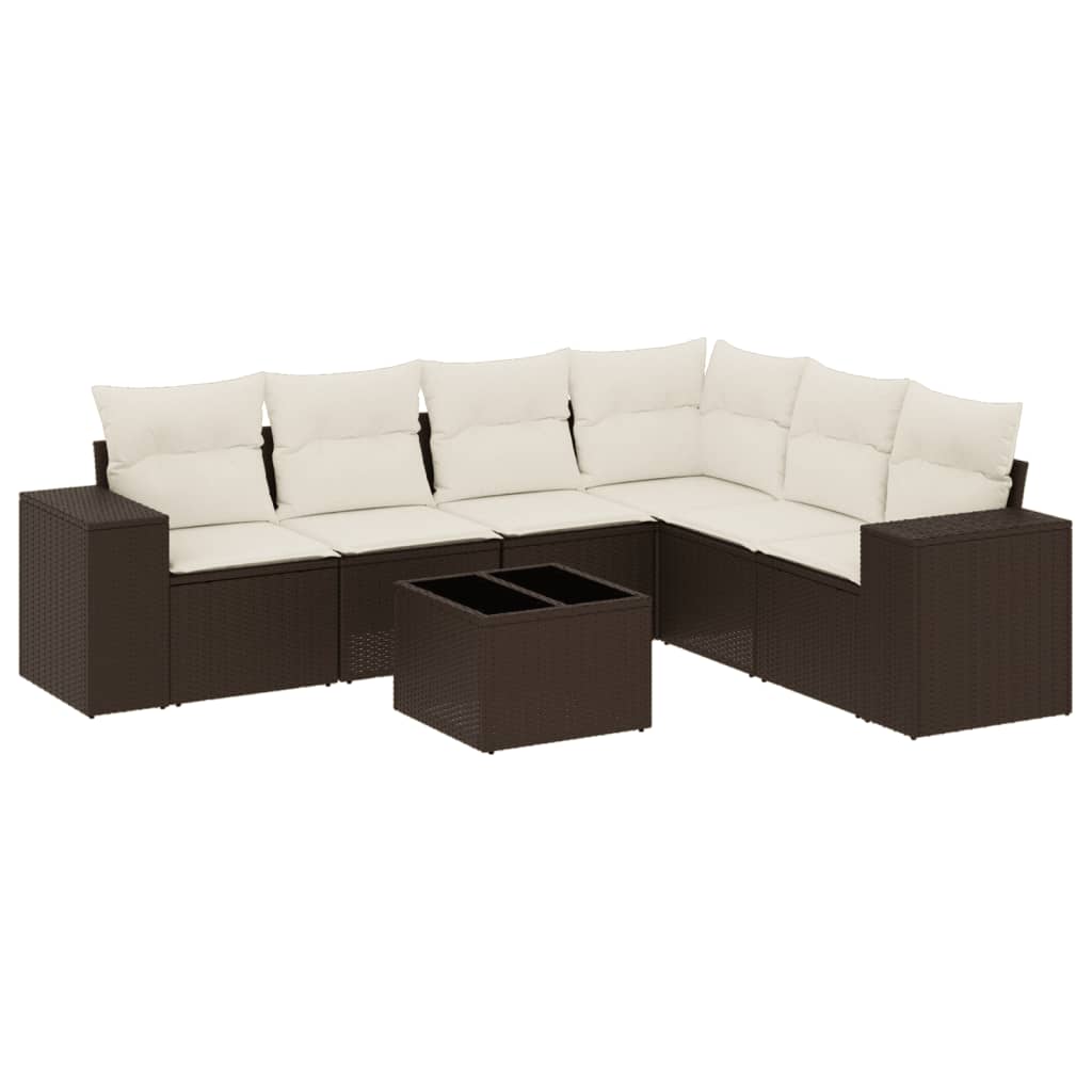 Set Divani da Giardino 7 pz con Cuscini Marrone in Polyrattan