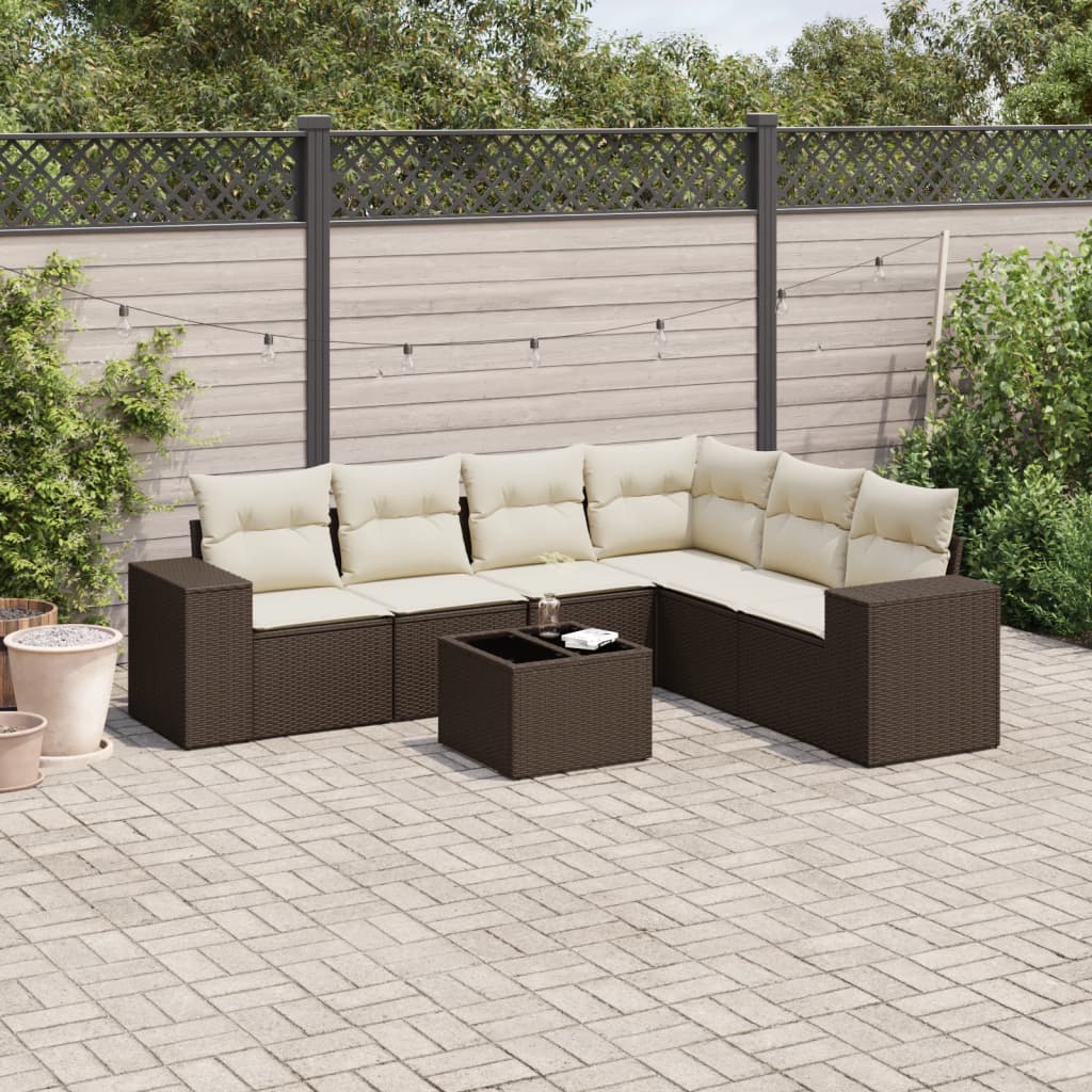 Set Divani da Giardino 7 pz con Cuscini Marrone in Polyrattan