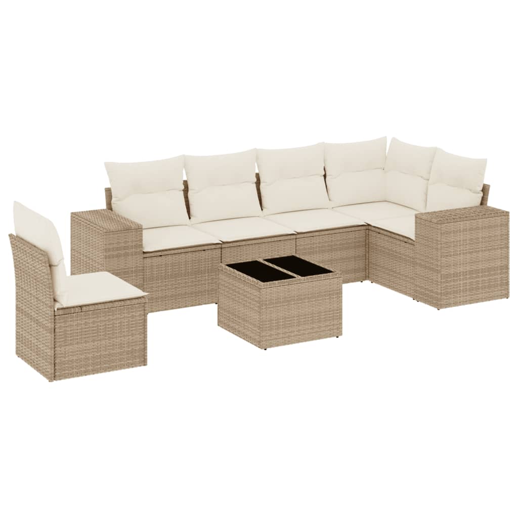 Set Divani da Giardino 7 pz con Cuscini Beige in Polyrattan