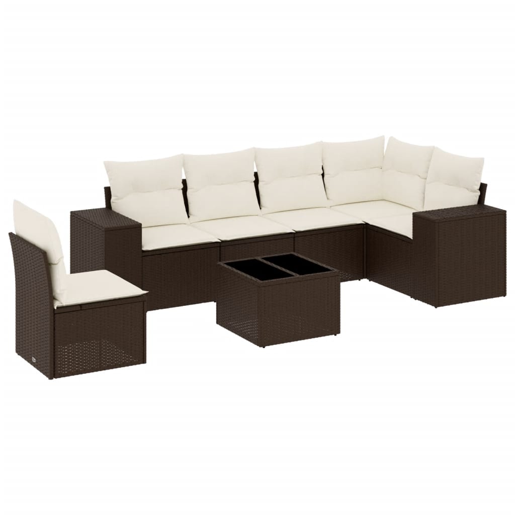 Set Divani da Giardino 7 pz con Cuscini Marrone in Polyrattan