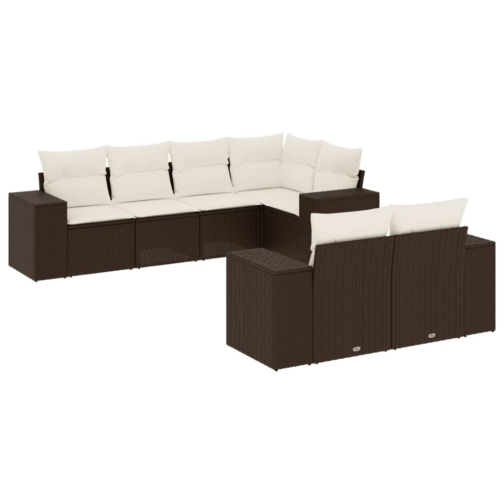 Set Divani da Giardino 7 pz con Cuscini Marrone in Polyrattan