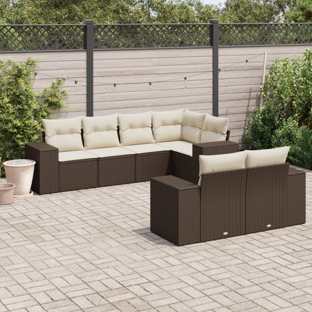 Set Divani da Giardino 7 pz con Cuscini Marrone in Polyrattan