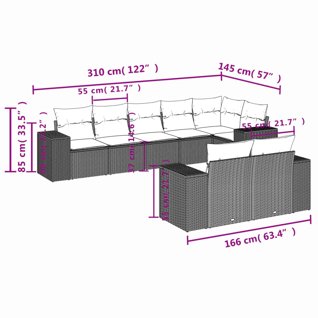 Set Divani da Giardino 8 pz con Cuscini Marrone in Polyrattan