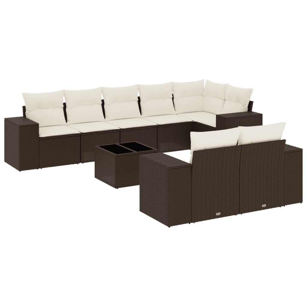 Set Divani da Giardino 9pz con Cuscini Marrone in Polyrattan